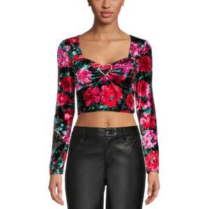 Madden NYC Crop Top L Juniors Black Floral Velour Rhinestone Heart Long Sleeve
